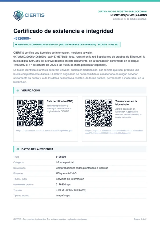 Primera página del certificado de ejemplo de CIERTIS: certificado de existencia e integridad registrado en Sepolia, con QR del PDF y de la transacción
