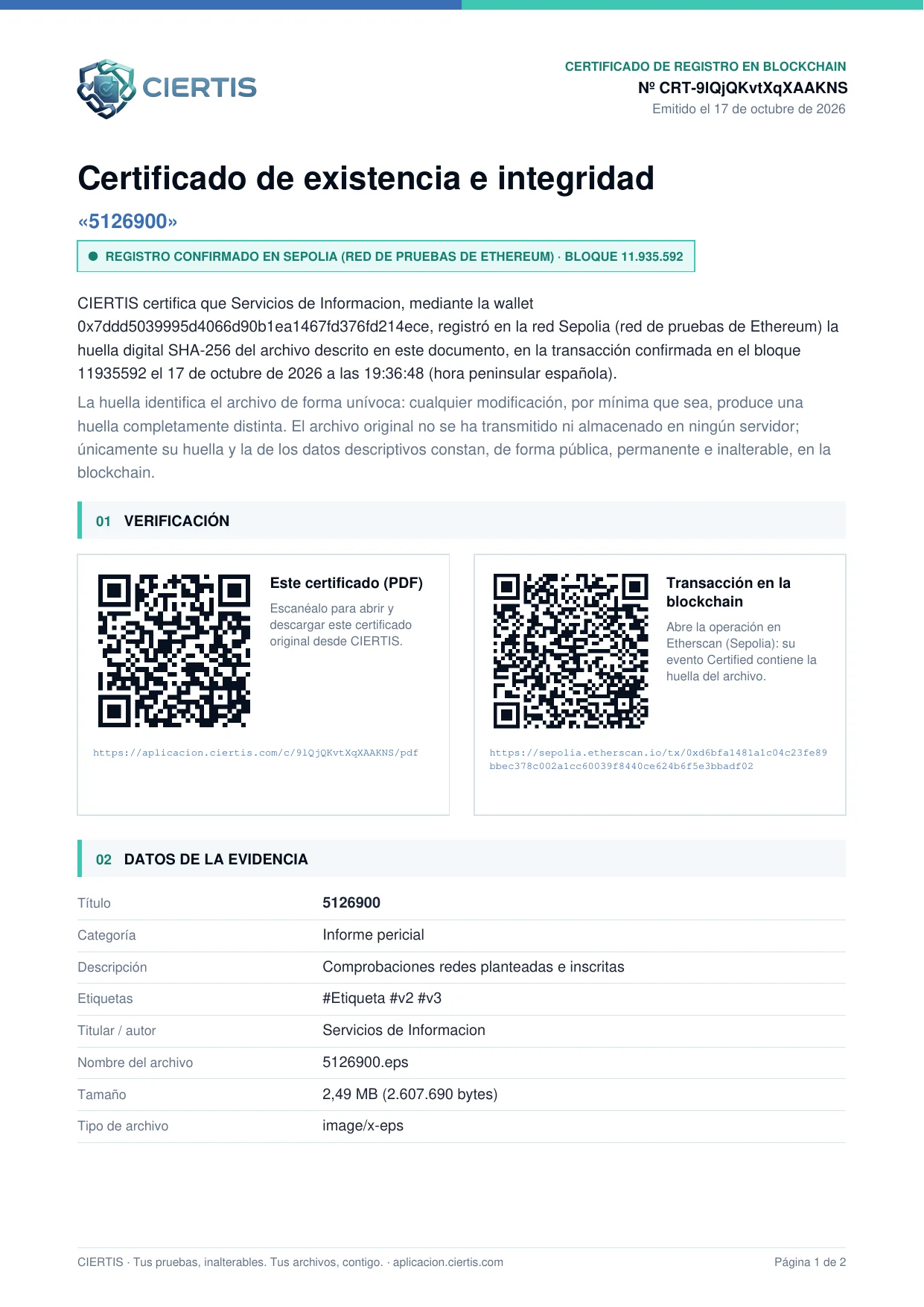 Página 1 del certificado: datos de verificación con dos códigos QR y datos de la evidencia