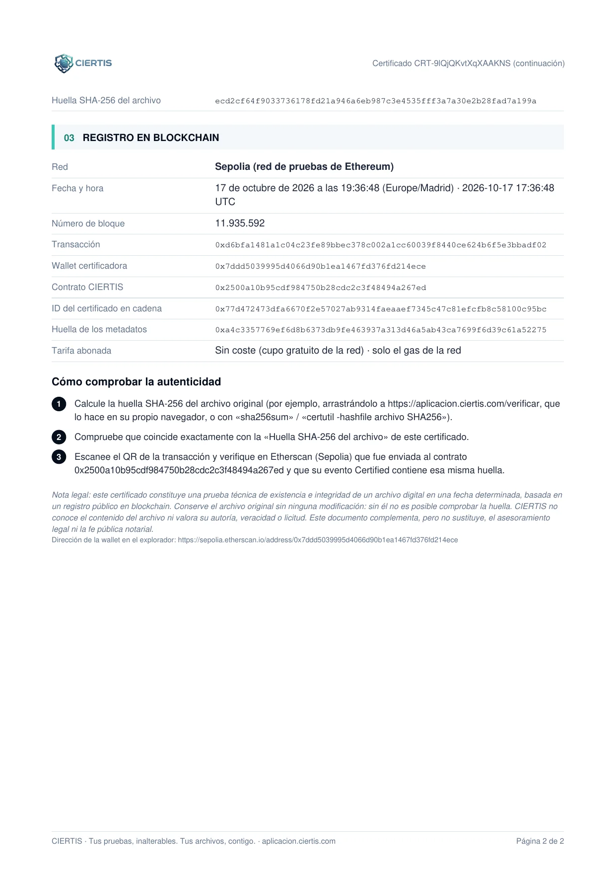 Página 2 del certificado: huella SHA-256, registro en blockchain e instrucciones para comprobar la autenticidad